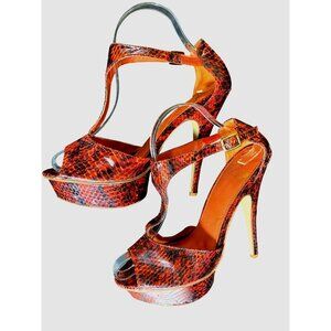 Vtg Sexy Red Snakeskin Peep Toe Platform Stiletto Heels Size 8.5 Stripper Club